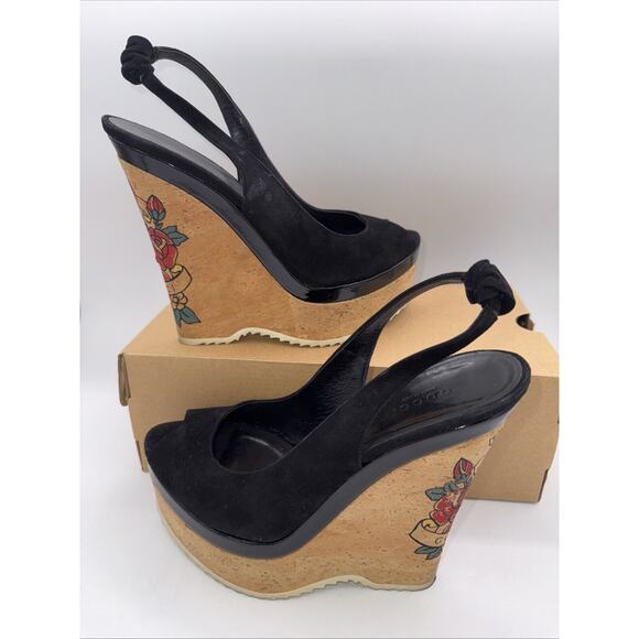 GUCCI READ **Black Suede SlingBack Cork Tattoo Wedge Platform Heel Sandals Sz 8 - Picture 1 of 14
